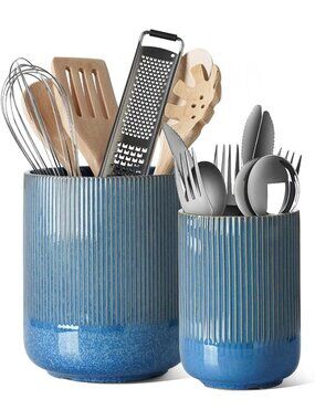 Stylish Ceramic Kitchen Utensil Holder, 7.3" x 5.4", Blue Glaze, Countertop